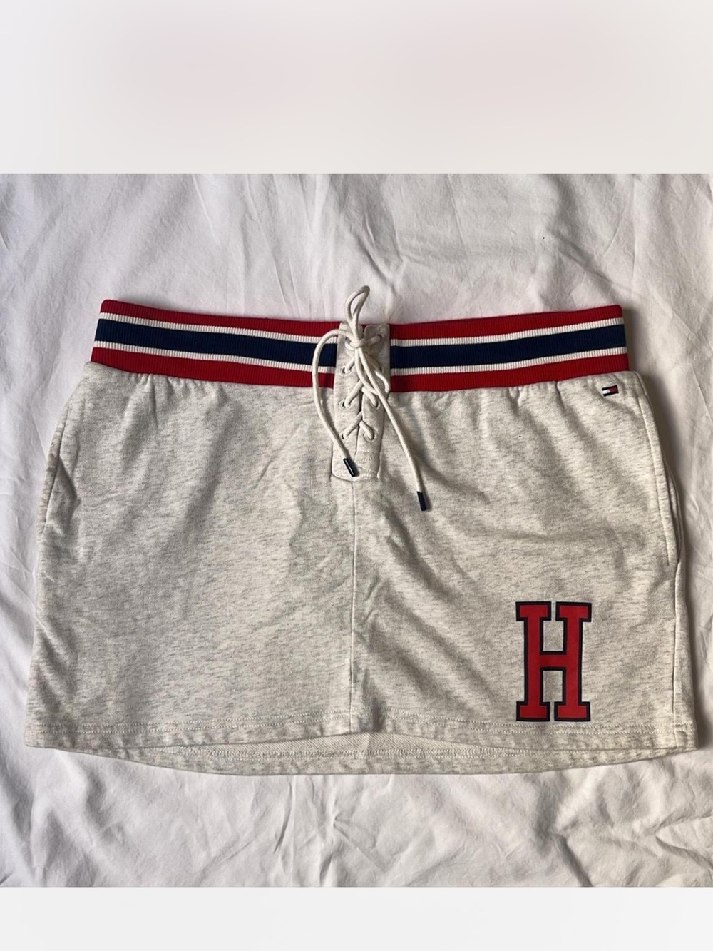 Tommy Hilfiger Light Heather Gray Mini Skirt with Red Waistband Accent